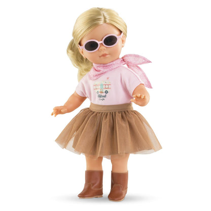 36cm Ma Corolle doll wearing Festival Outfit with pink sunglasses and brown tulle skirt