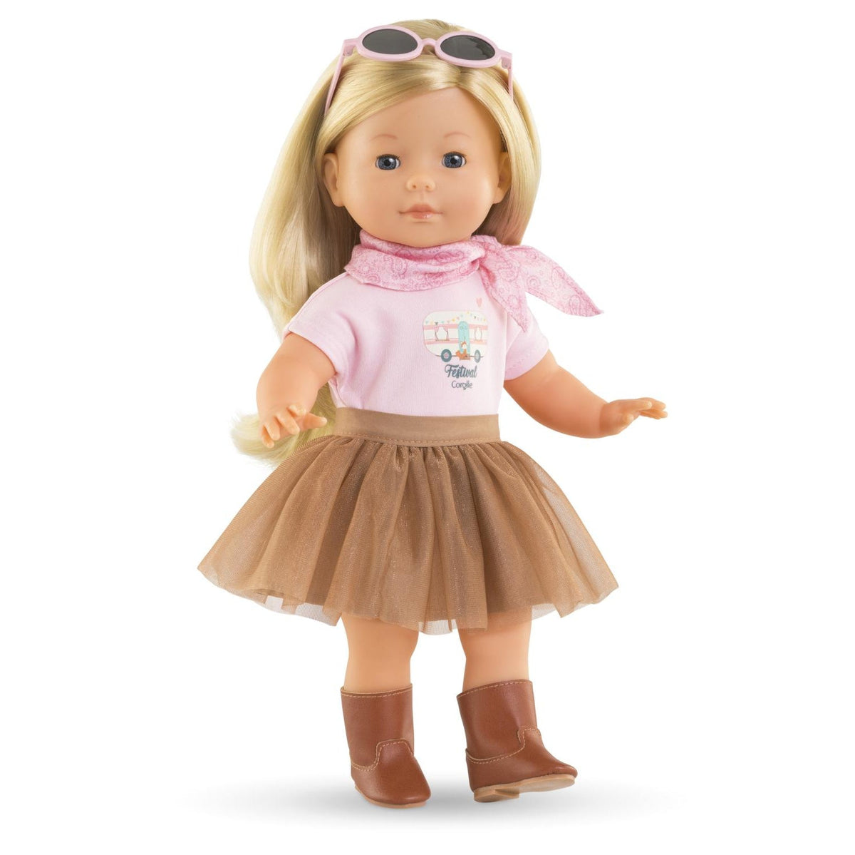 Ma Corolle 36cm doll wearing pink Festival T-shirt, bandana, brown skirt and boots