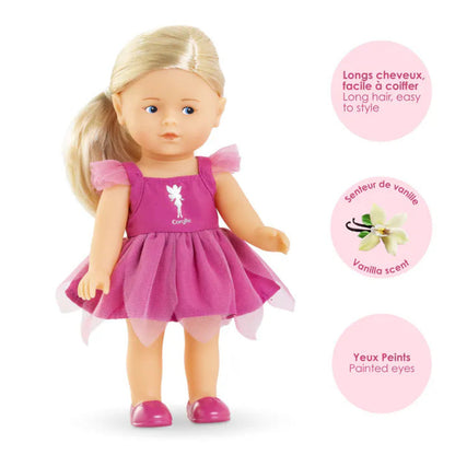 Close-up of Rosy's painted eyes and soft vinyl face, delicately scented with Corolle vanilla
