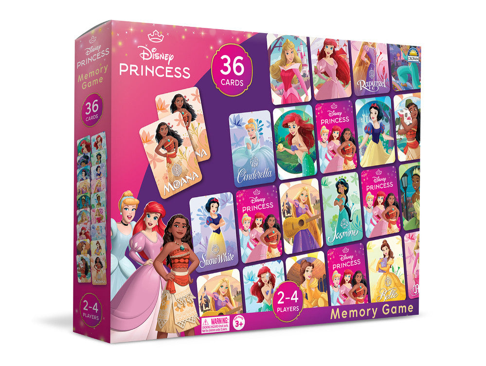 Disney Princess memory game with 36 matching cards featuring Ariel, Cinderella, Moana and Rapunzel