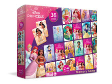 Disney Princess memory game with 36 matching cards featuring Ariel, Cinderella, Moana and Rapunzel