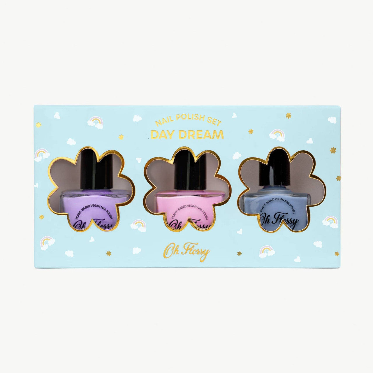 Oh Flossy Day Dream Nail Polish Set featuring lavender, periwinkle blue and peach pastel nail polish for kids