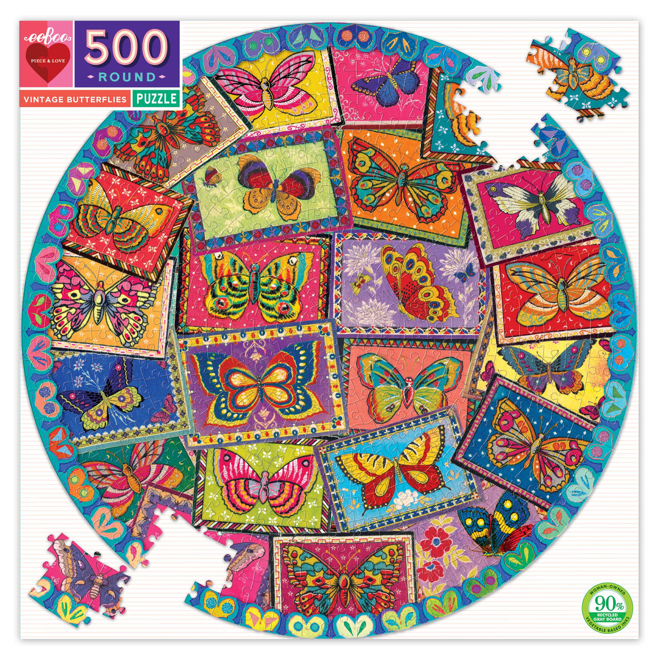 eeBoo 500pc Round Puzzle - Vintage Butterflies