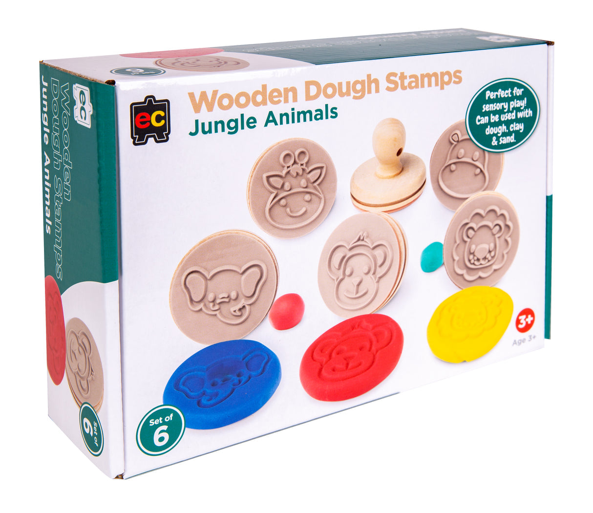 Wooden jungle animal dough stamps including lion monkey elephant and giraffe