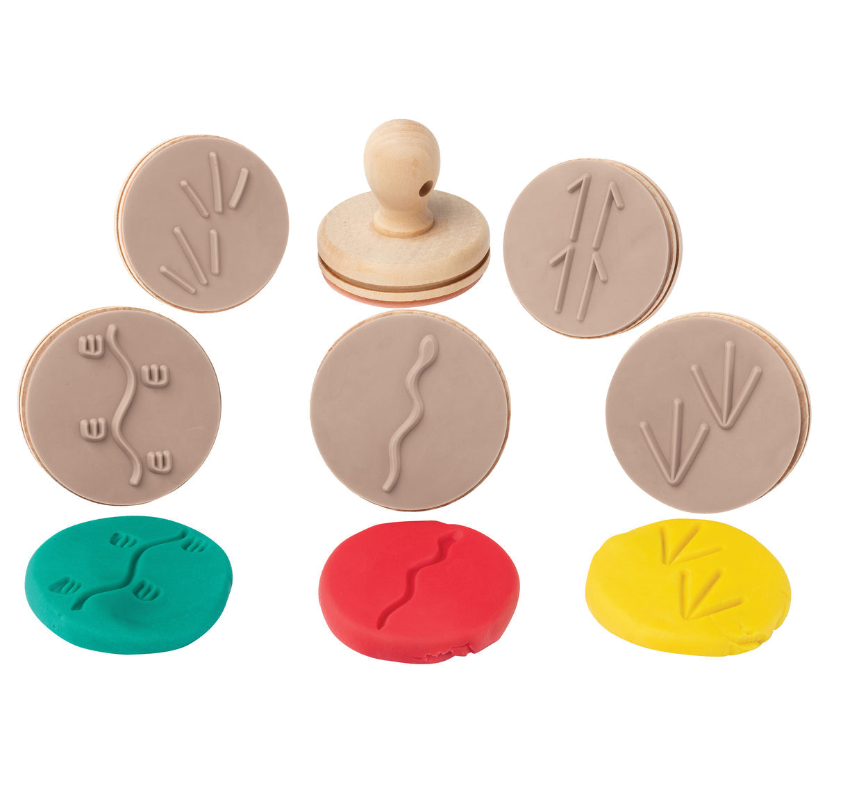 Set of six wooden stamps with embossed designs on a white background