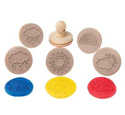 Wooden and plastic weather-themed sensory play set with embossed cloud, rain, sun, and rainbow designs, shown on a white background.