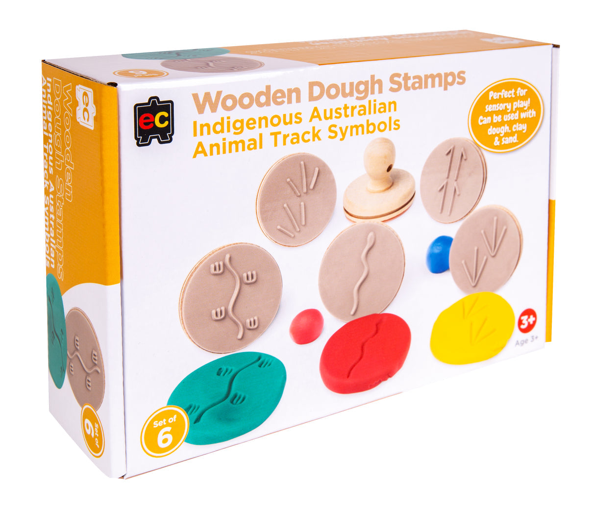 Educational Colours Wooden Dough Stamps Indigenous Australian Animal Track Symbols set of six wooden stamps