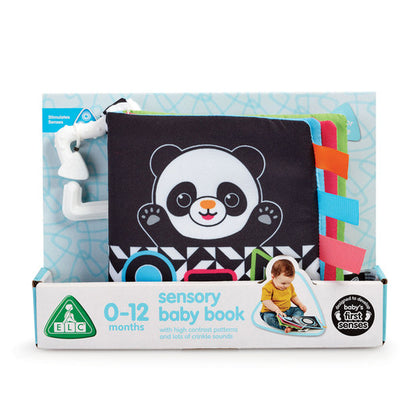 ELC black and white sensory baby cloth book with crinkle pages, ribbon tags and teething ring