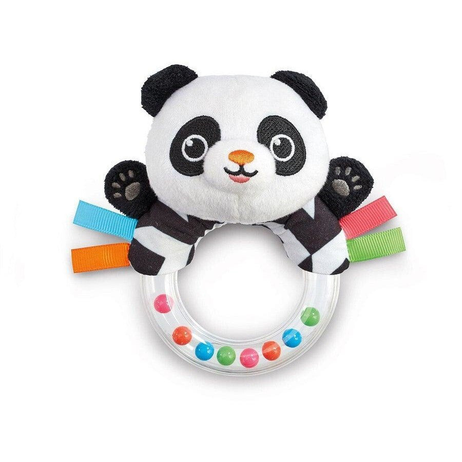 ELC black and white sensory baby panda rattle with colourful beads and ribbon tags