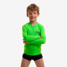 Boy wearing Funky Trunks Still Brasil long sleeve rash vest in neon green