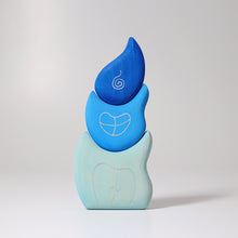 Grimm's Drop Tower handcrafted wooden stacking blocks in blue for imaginative open-ended play