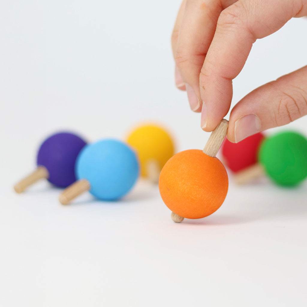 Grimm's Wooden Spinning Tops Set of 6 - Rainbow Colours