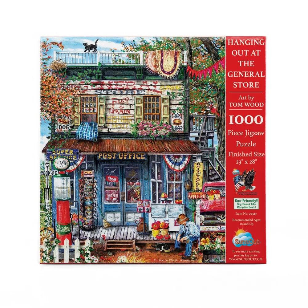 Sunsout Hanging Out at the General Store 1000 piece jigsaw puzzle with vintage shop and countryside scene