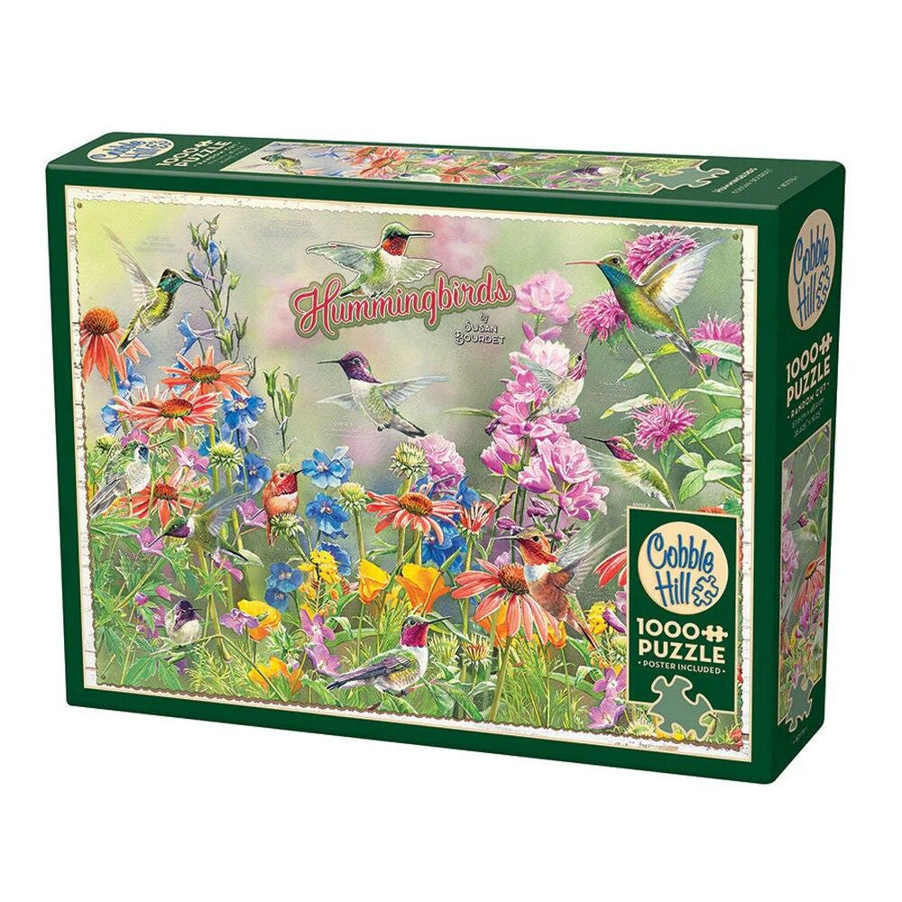 Hummingbirds 1000 piece puzzle with colourful birds and flowers in garden scene by Cobble Hill