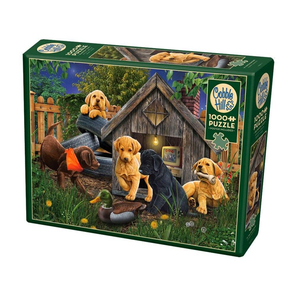 In The Doghouse 1000 piece puzzle with puppies and doghouse backyard scene by Cobble Hill