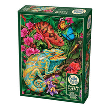 Karma Chameleon 1000 piece puzzle with colourful chameleons butterflies and tropical flowers by Cobble Hill