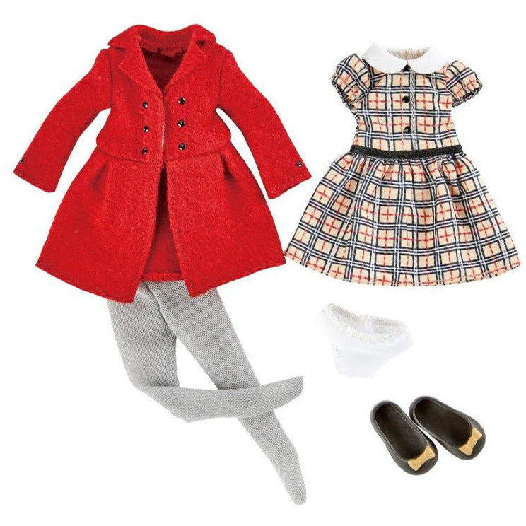 Kruselings English Rose doll outfit set with checked dress, red coat, tights and shoes