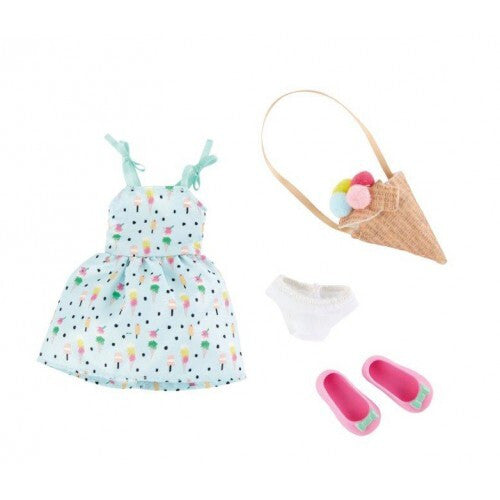 Kruselings Ice Cream Lover doll outfit with printed dress, pink shoes and ice cream handbag accessory