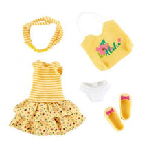 Kruselings Summer Queen doll outfit with yellow striped dress, tote bag and matching accessories