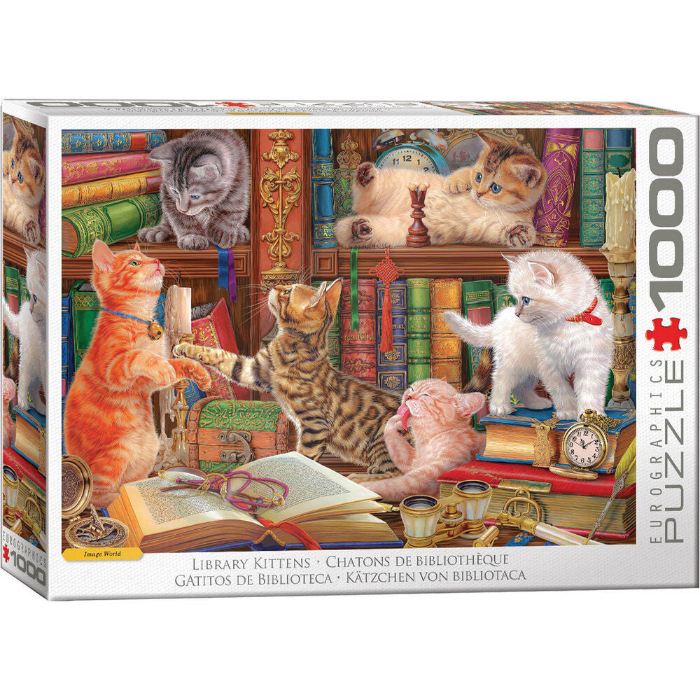 Library Kittens 1000 piece puzzle with playful cats among books and vintage library décor by Eurographics
