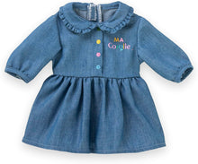 Long-sleeved denim dress for 36cm Ma Corolle dolls with frill collar and colourful button details