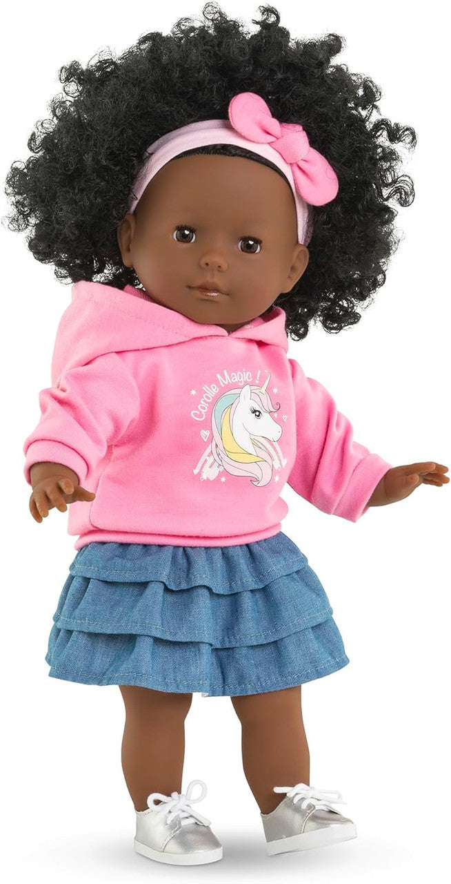 Ma Corolle Maëlys 36cm doll with curly dark hair pink unicorn hoodie and denim skirt