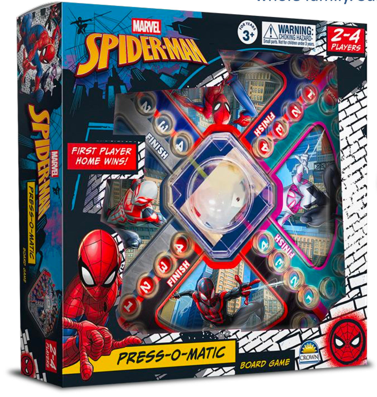 Marvel Spider-Man Press-O-Matic board game featuring Spider-Man and Miles Morales