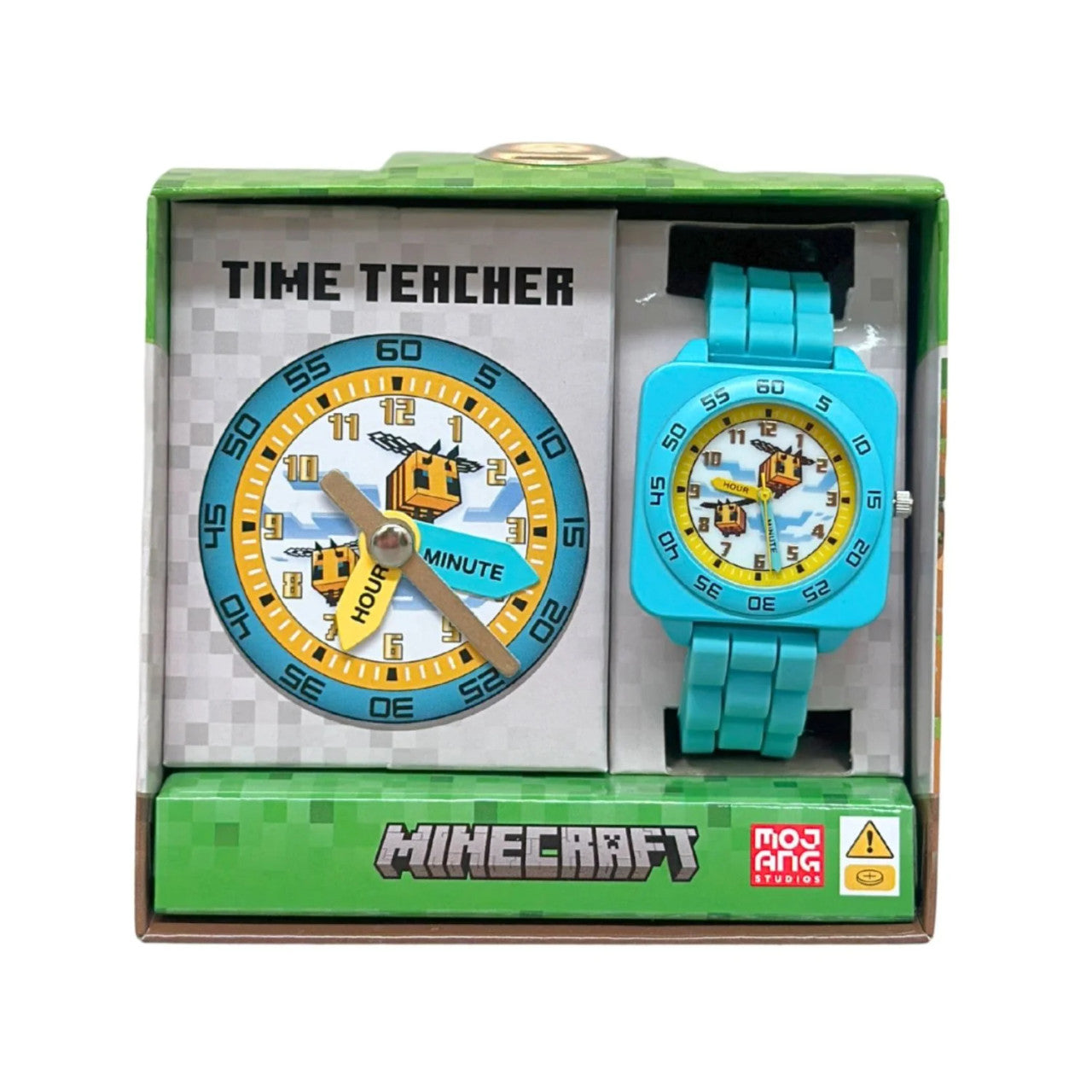 Minecraft Bee kids time teacher watch with labelled analogue clock face and blue adjustable strap