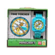 Minecraft Bee kids time teacher watch with labelled analogue clock face and blue adjustable strap