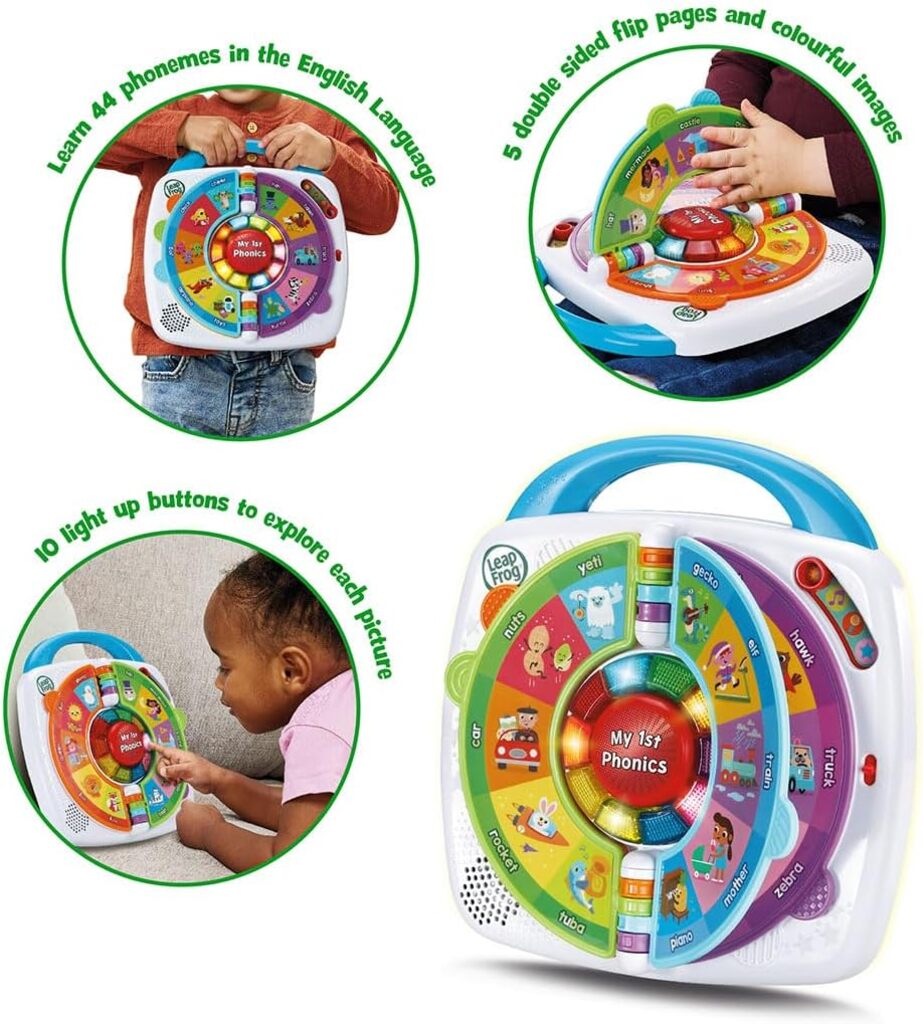 My 1st Phonics Spin & Learn shown from above displaying the full button layout and toy footprint