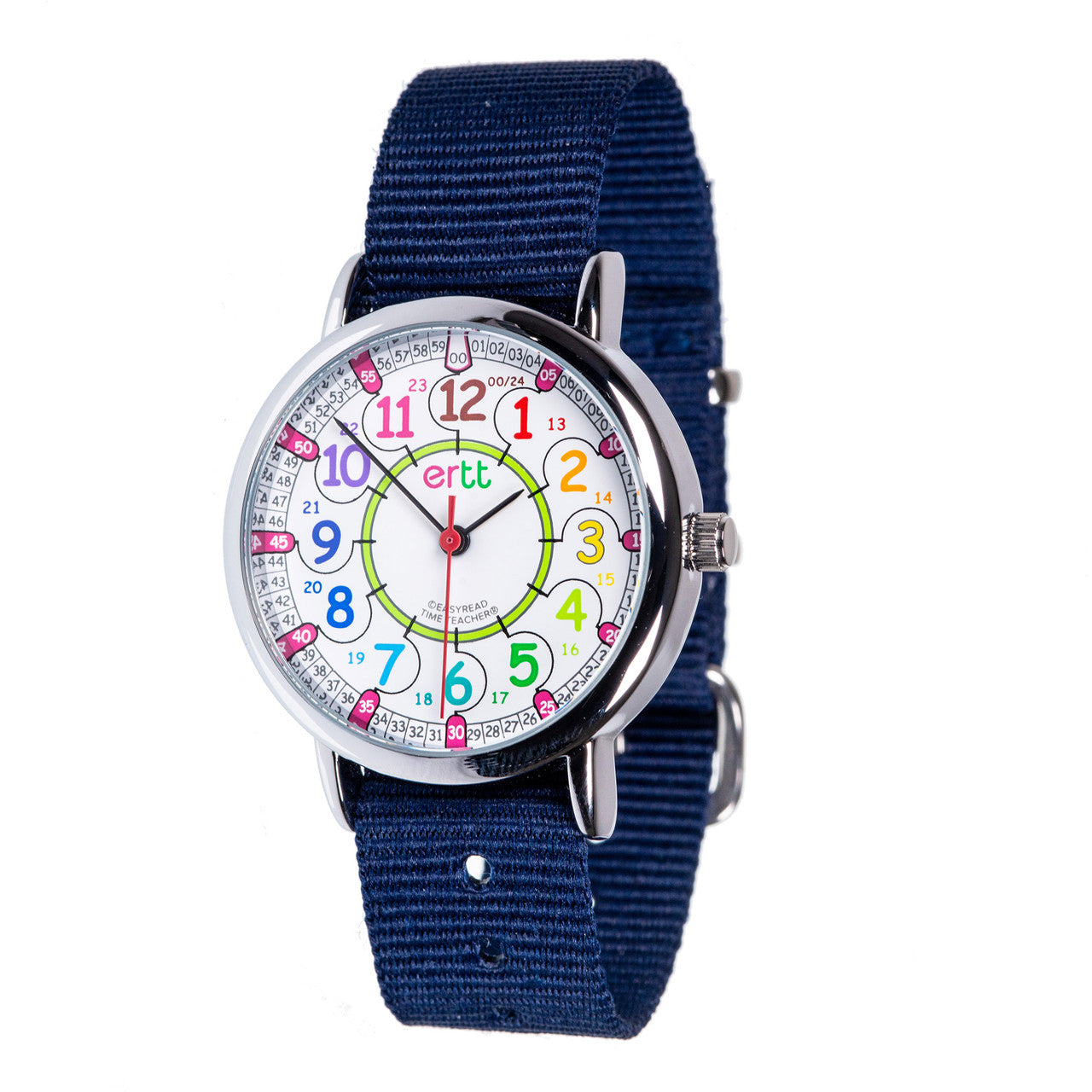 EasyRead Time Teacher 12/24 Hour Watch -  Rainbow Face with Navy Strap