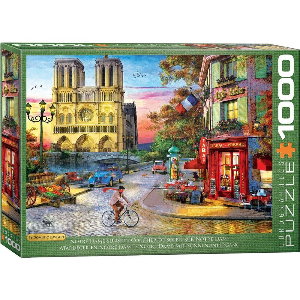 Notre Dame Sunset 1000 piece puzzle with Paris street cafés and cathedral scene by Eurographics