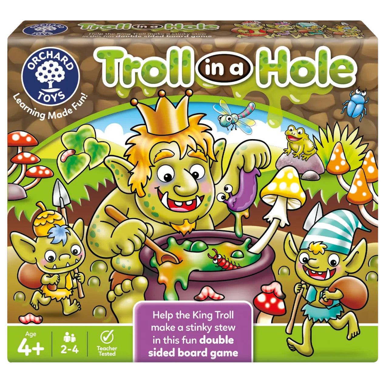 Orchard Toys Troll in a Hole double-sided board game featuring colourful trolls, mushrooms and fun educational gameplay for kids.