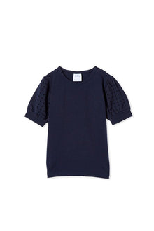 Navy Broderie Sleeve Tee