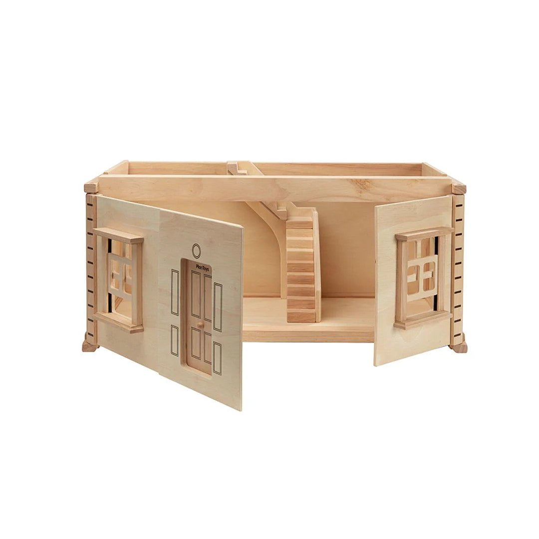 PlanToys wooden dollhouse basement extension with staircase, windows and natural wood finish for imaginative pretend play.