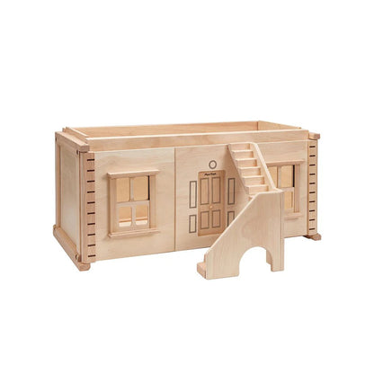 PlanToys wooden dollhouse basement extension with staircase, windows and natural wood finish for imaginative pretend play.