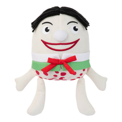 Play School Humpty Dumpty soft plush toy standing with arms and legs extended, featuring black yarn hair, a red bow and colourful clothing.