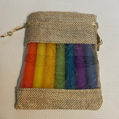 Seven pure beeswax rainbow candles for Waldorf Celebration Rings in hessian pouch