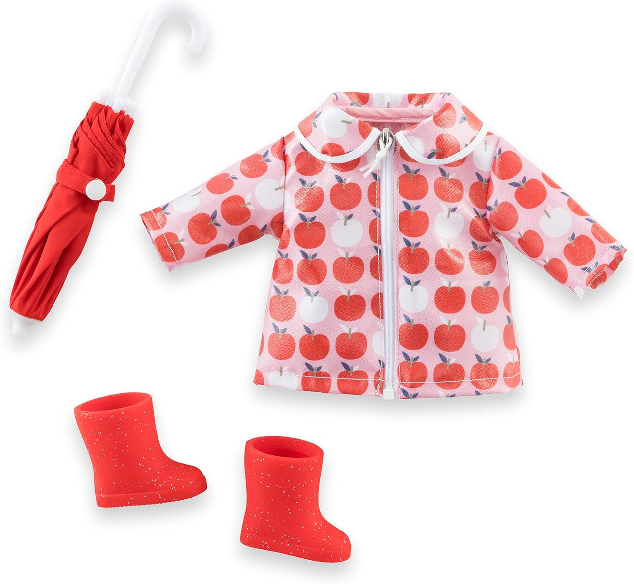 Rainy Day Accessories Set for 36cm Ma Corolle dolls with apple print raincoat umbrella and red boots