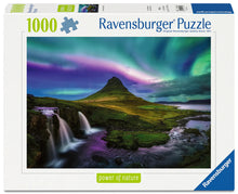 Ravensburger Aurora Over Kirkjufell 1000 piece puzzle featuring Northern Lights over Icelandic mountain landscape