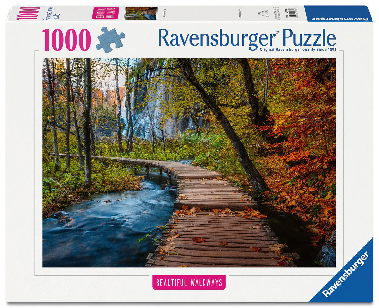 Ravensburger Autumnal Forest Path 1000 piece puzzle featuring wooden boardwalk, forest stream, waterfall and autumn foliage