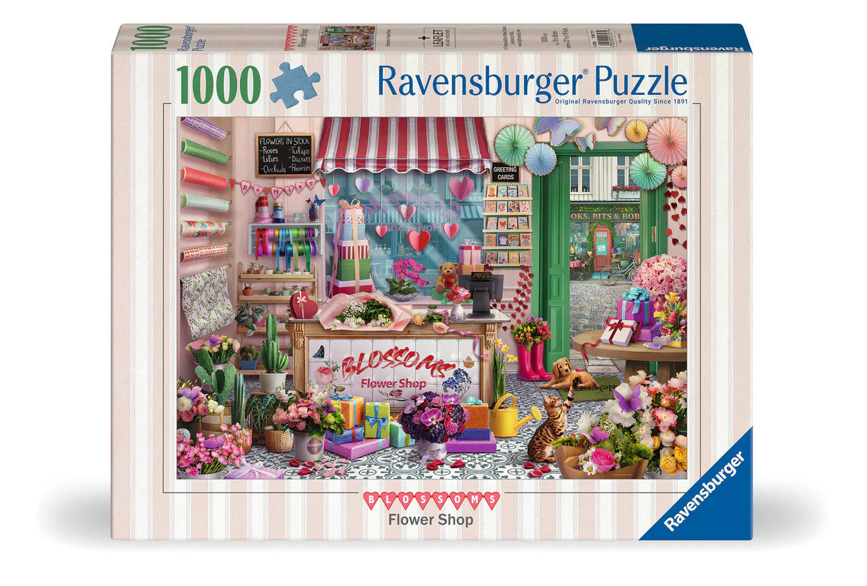 Ravensburger Blossoms Flower Shop 1000 piece puzzle featuring colourful floral boutique and gift shop artwork
