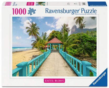Ravensburger Colourful Bridge in Malaysia 1000 piece puzzle featuring tropical beach, palm trees and turquoise walkway