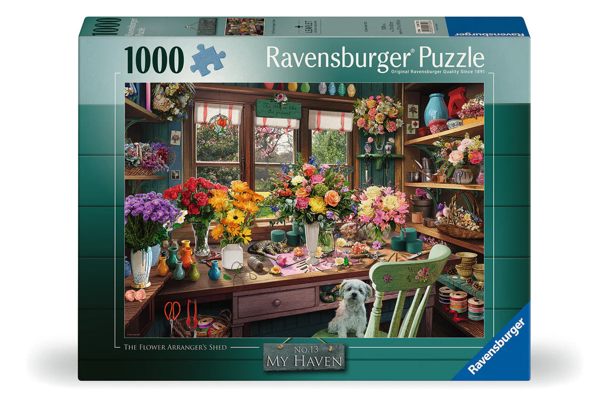 Ravensburger My Haven Flower Arranger's Shed 1000 piece puzzle featuring colourful floral studio and cosy interior scene