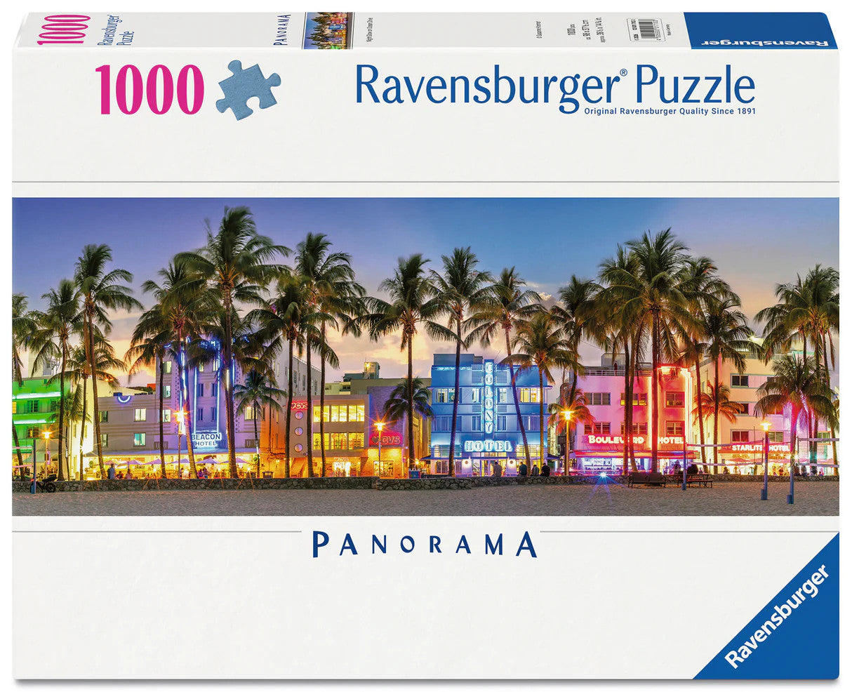 Ravensburger Night Glow on Ocean Drive 1000 piece panorama puzzle featuring colourful Miami Beach neon cityscape