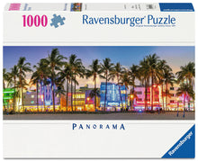 Ravensburger Night Glow on Ocean Drive 1000 piece panorama puzzle featuring colourful Miami Beach neon cityscape