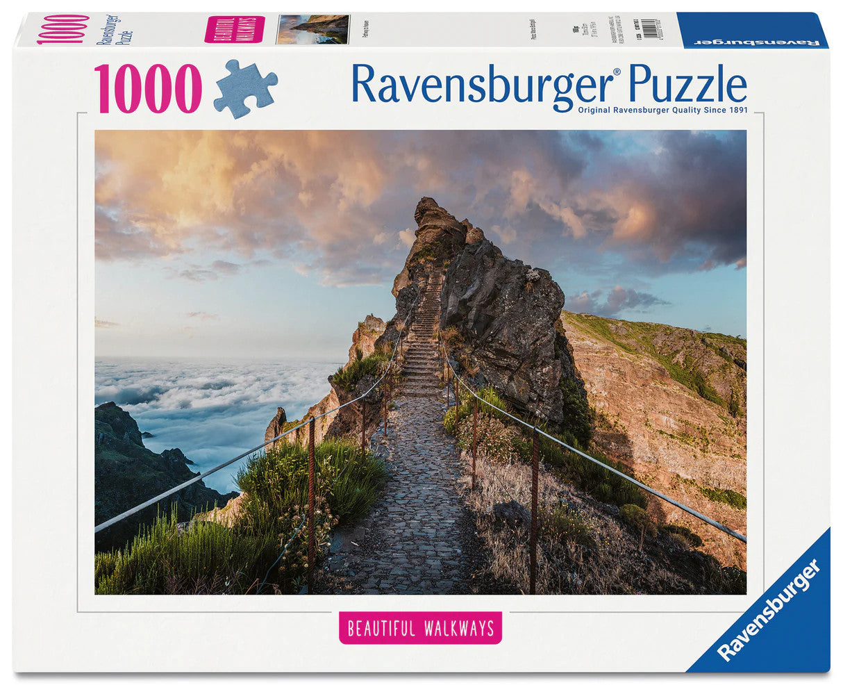 Ravensburger Pathway to Heaven 1000 piece puzzle featuring mountain trail above the clouds at sunrise