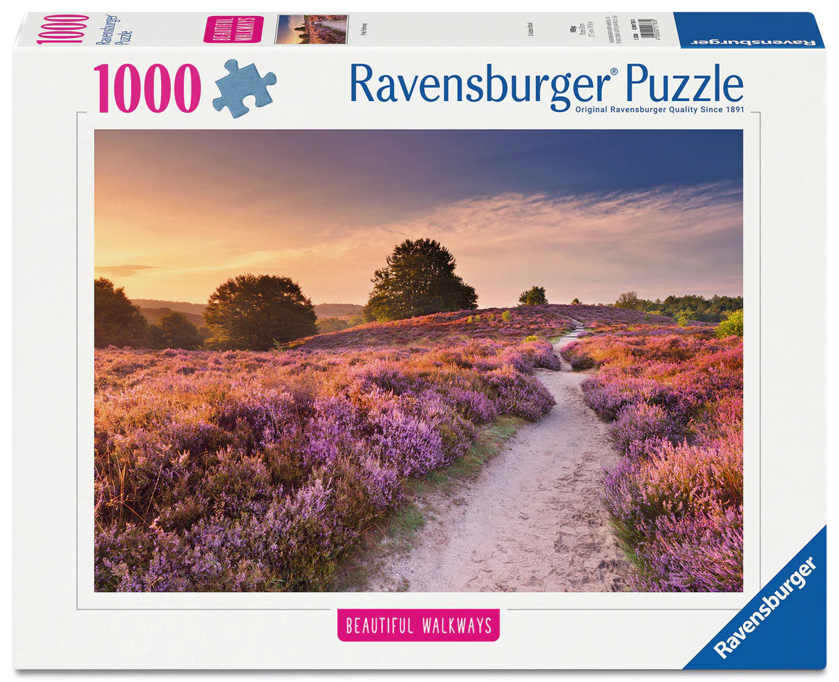 Ravensburger Pink Pathway 1000 piece puzzle featuring winding path through colourful heather fields at sunset