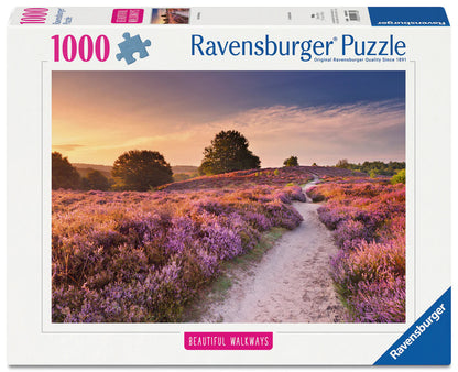 Ravensburger Pink Pathway 1000 piece puzzle featuring winding path through colourful heather fields at sunset