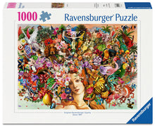 Ravensburger Puzzle Passion 1000 piece puzzle featuring colourful artistic collage with flowers, animals and birds
